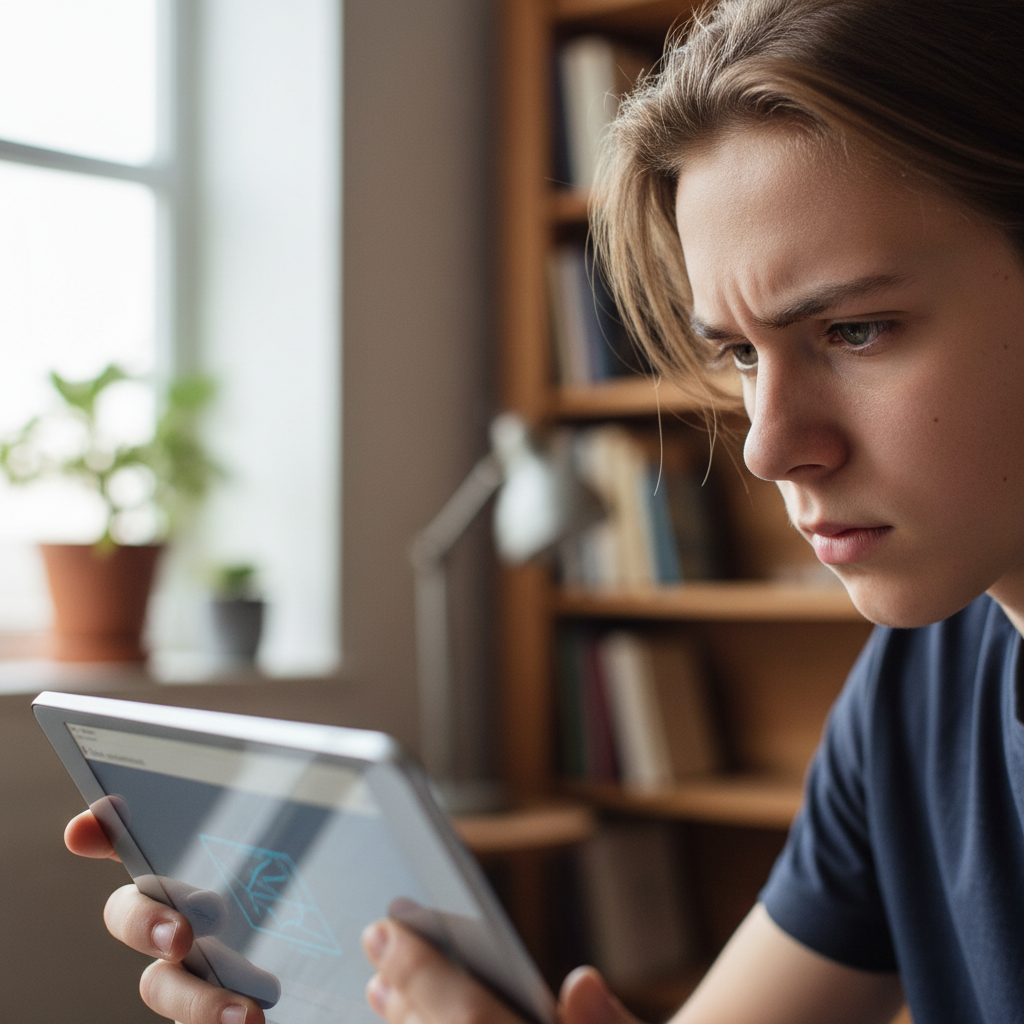 Teenage student engaged in learning on tablet with focused expression