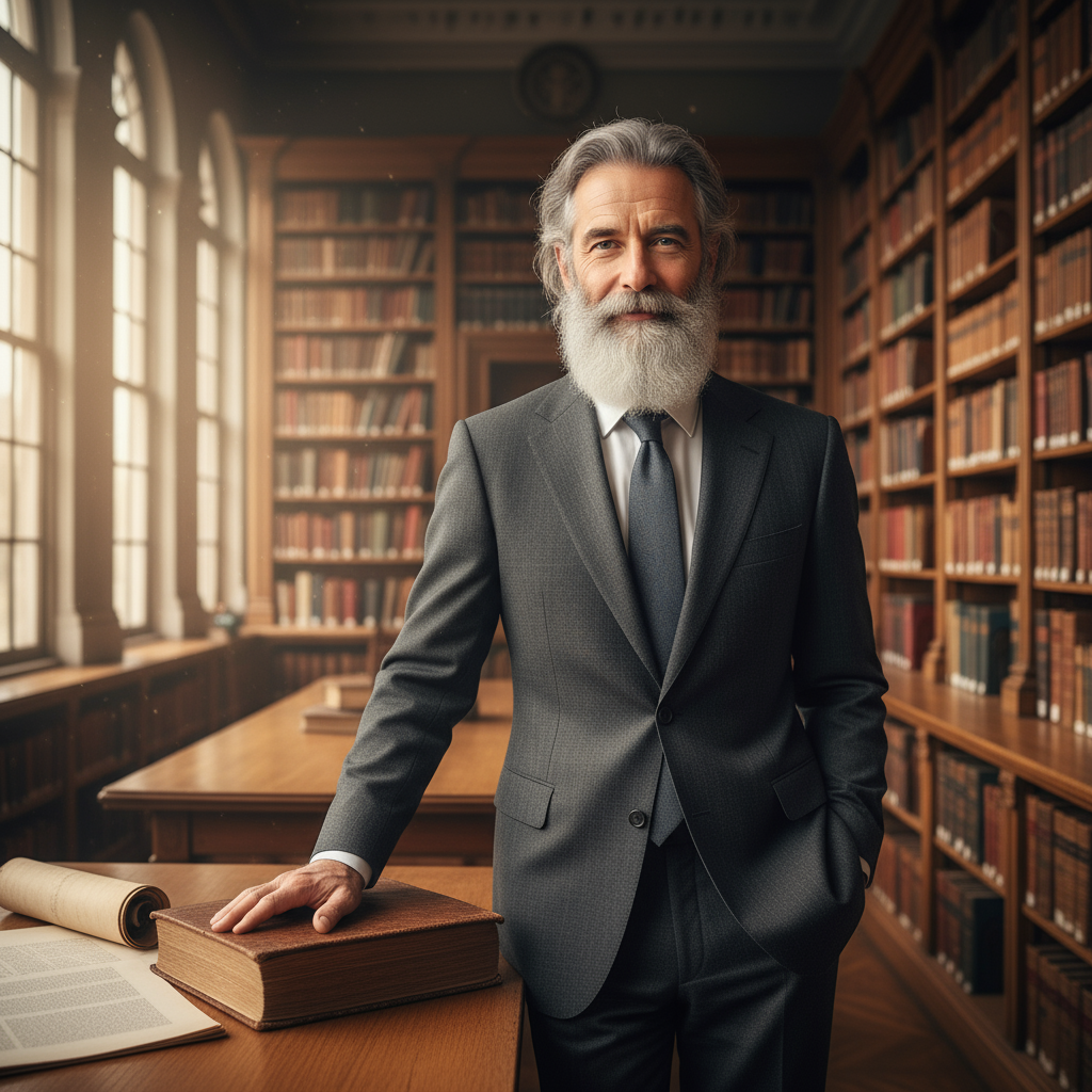 Distinguished professor in academic robe standing in sunlit university hallway with arched windows