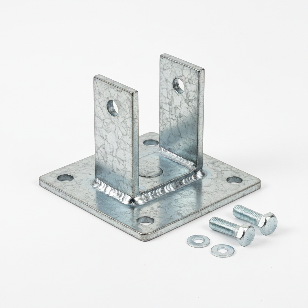 Galvanized steel post base hardware on white background