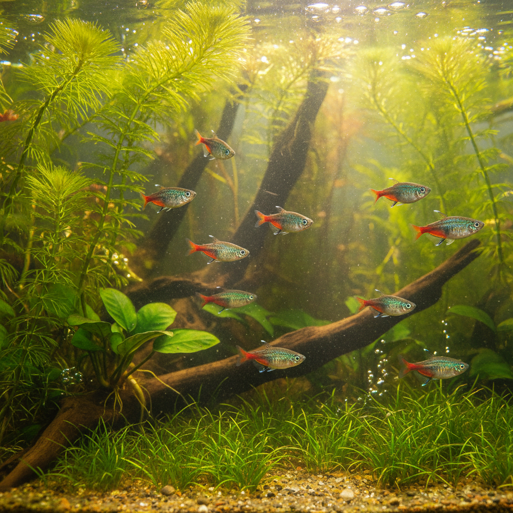 School of tiny celestial pearl danio fish with spotted patterns swimming through aquatic plants