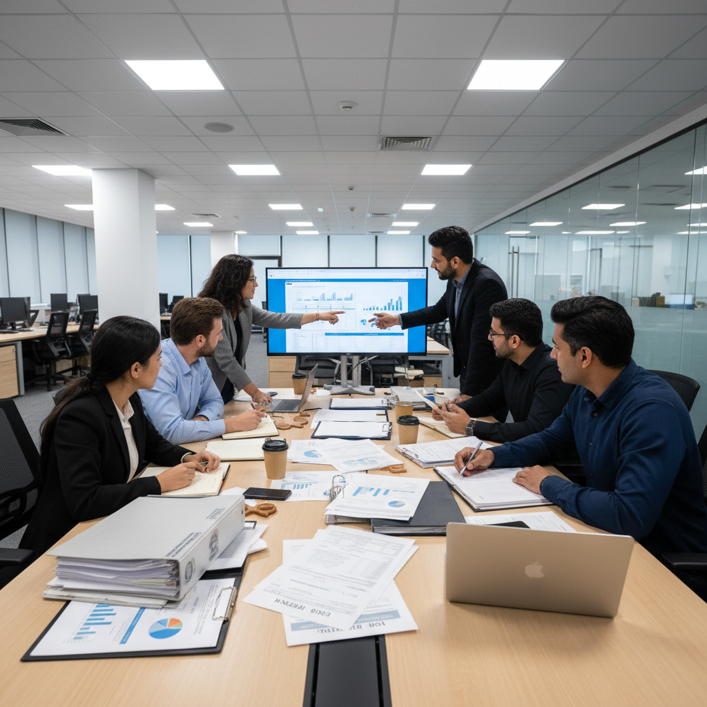 Finance team in modern London boardroom reviewing quarterly reports together, bright professional environment