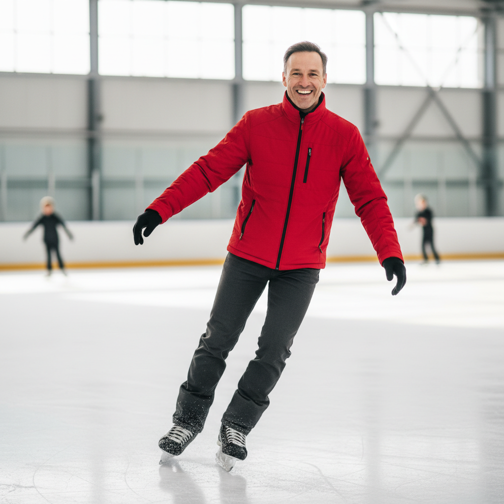 Ice skating instructor DeShawn Williams smiling on the ice rink in a red jacket