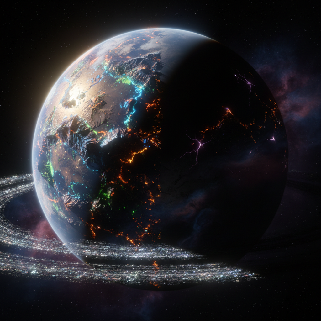 Alien planet half in bright daylight and half in permanent darkness viewed from orbit