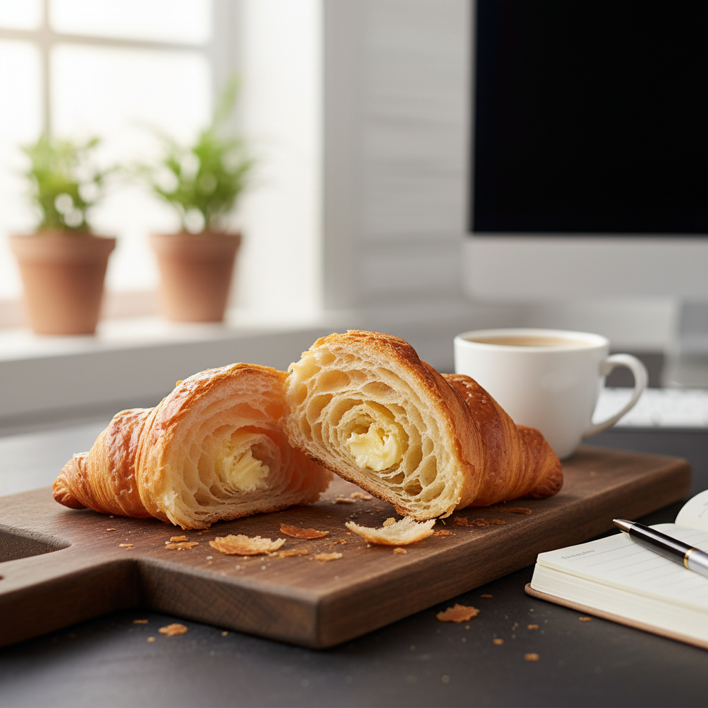 Overhead view of a café table with coffee, a croissant, and a notebook in warm morning light