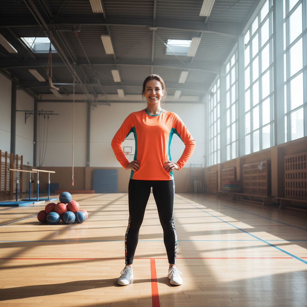 Destiny Williams, second-year PE teacher smiling in gymnasium