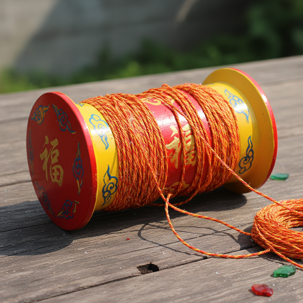 Bright red and yellow Chinese manja spool on wooden surface