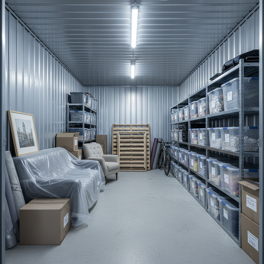 Neatly organized furniture and household items stored in a clean storage unit