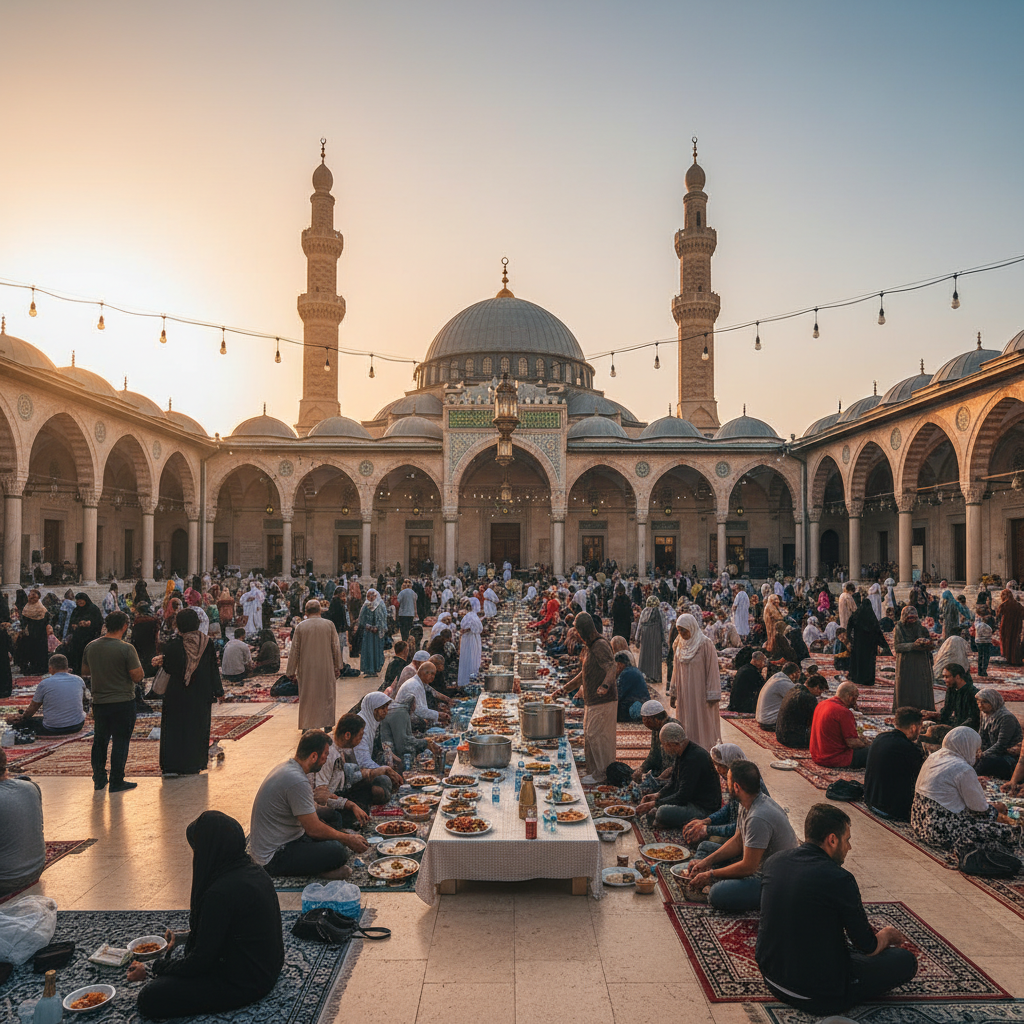 Mosque courtyard filled with worshippers during Ramadan community iftar gathering