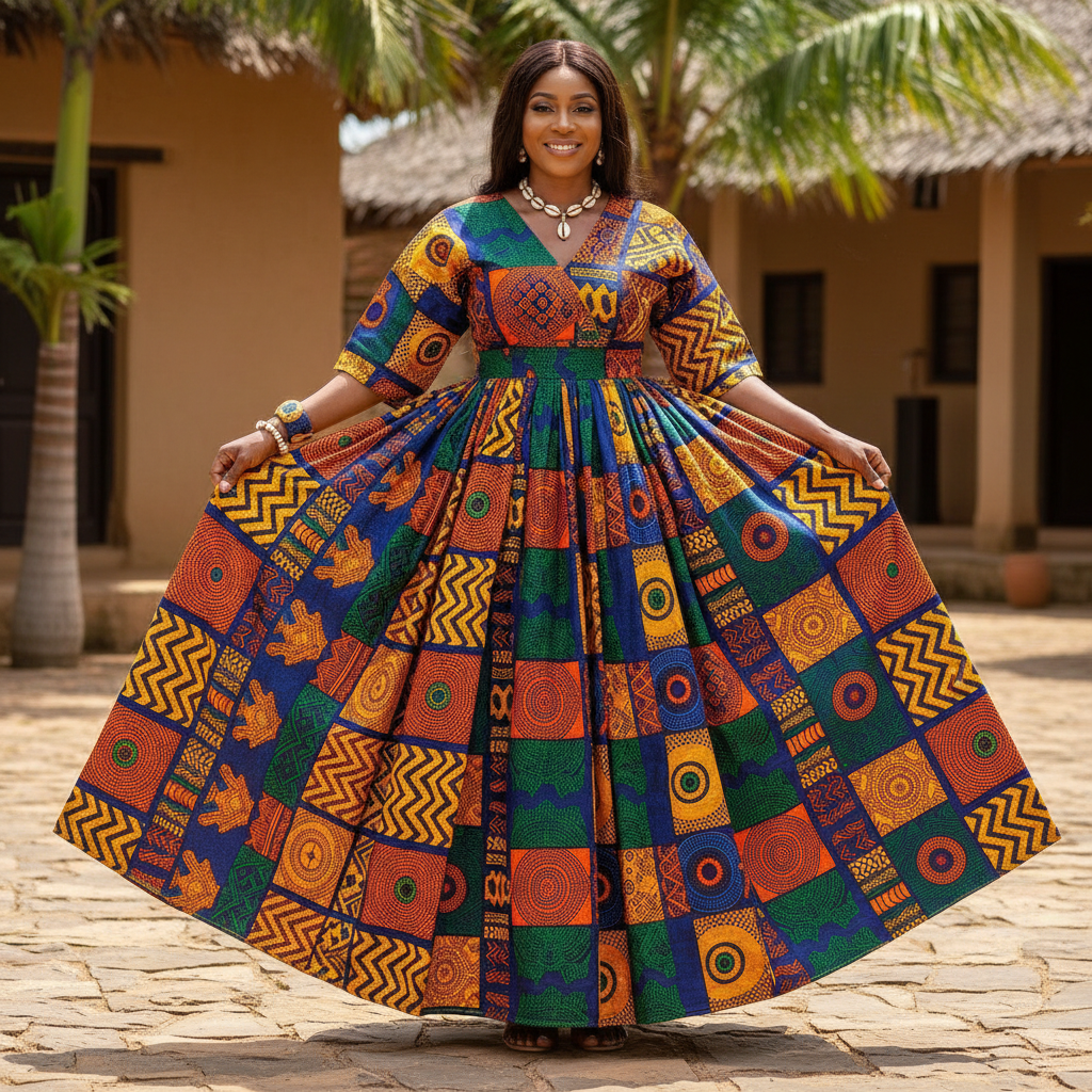 African woman in colorful attire, warm confident smile, outdoor community setting