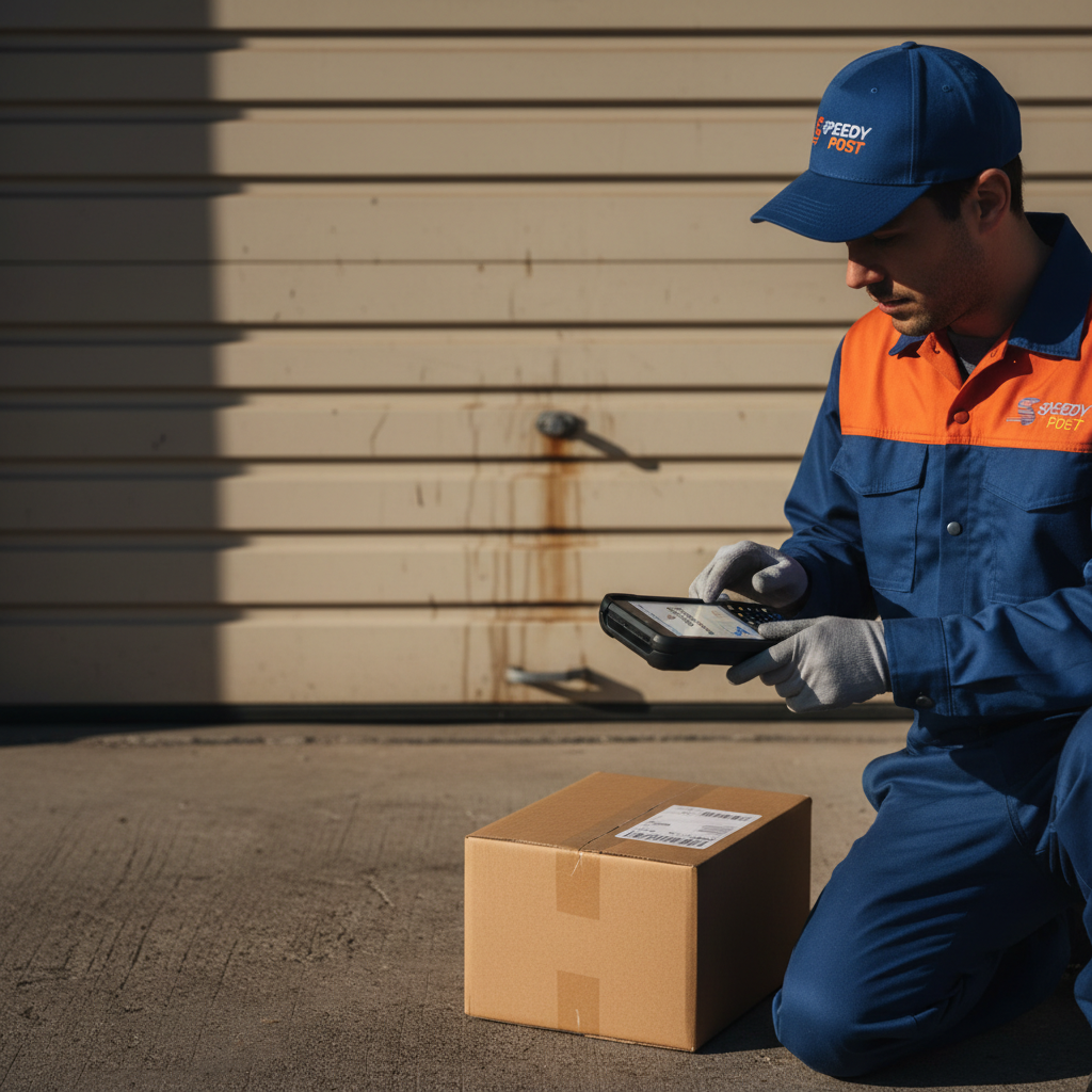 Delivery person handing over package at residential door