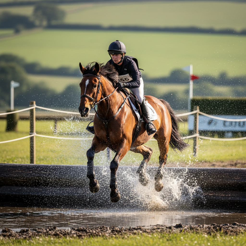Eventing horse and rider jumping a cross-country fence in a green field
