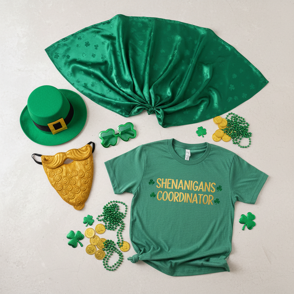 Complete St. Patrick's Day last-minute bundle laid out showing cape, hat, accessories and t-shirt all together in green and gold