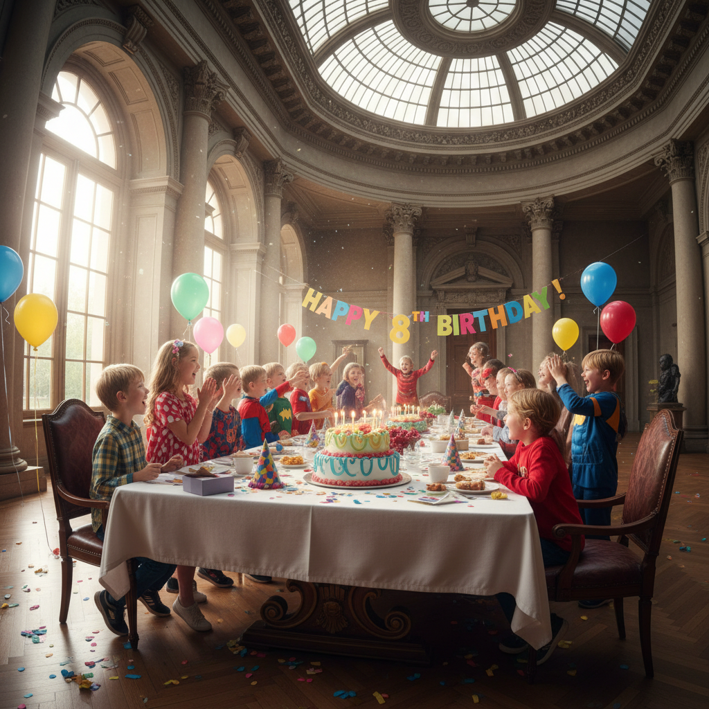Children celebrating a birthday party with colorful decorations and cake at a museum event