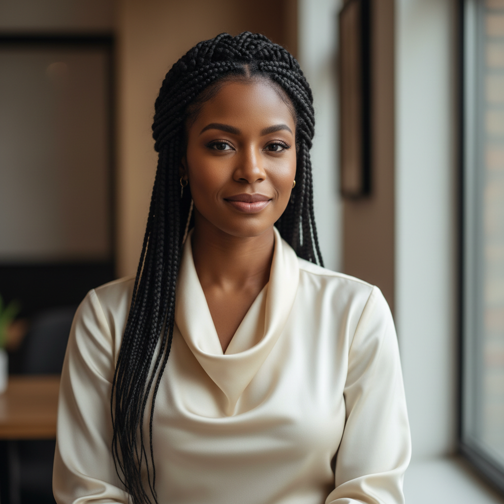 Elegant Black woman with beautifully styled braids in a professional salon setting showcasing premium braiding artistry