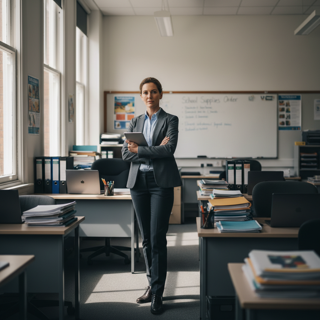 Professional woman in corporate setting, bright natural lighting