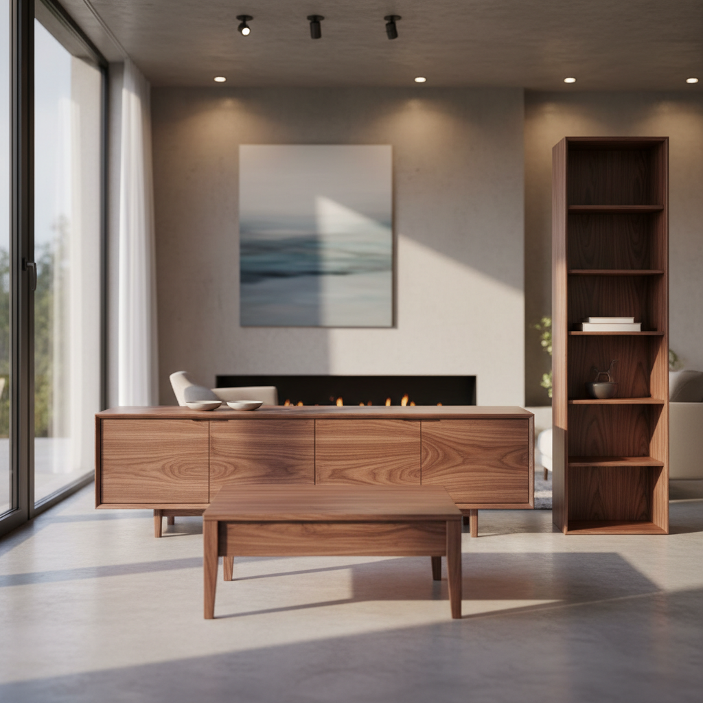 Contemporary custom designed wooden furniture piece with clean lines and matte finish in minimalist living space