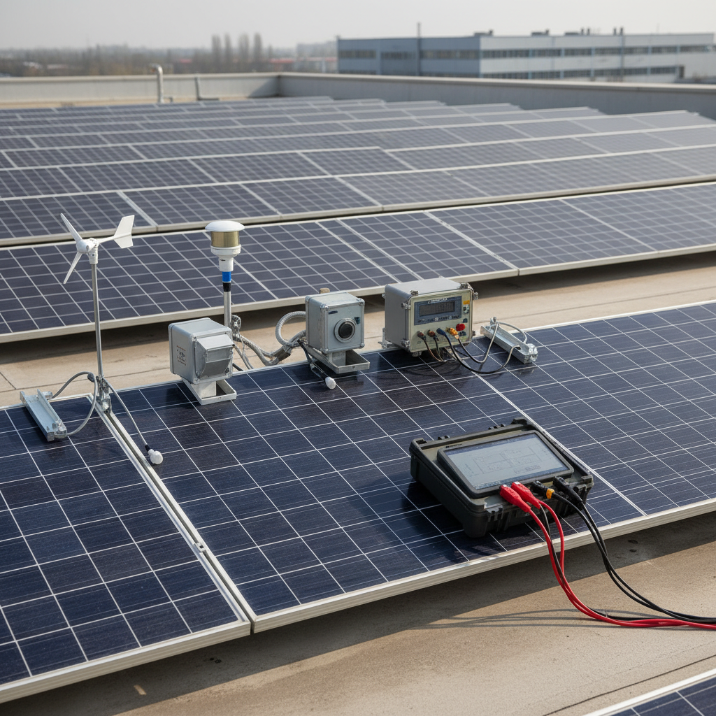 Photovoltaic measurement equipment installed on solar panel array, technical sensors monitoring performance, bright industrial daylight, precise instrumentation visible