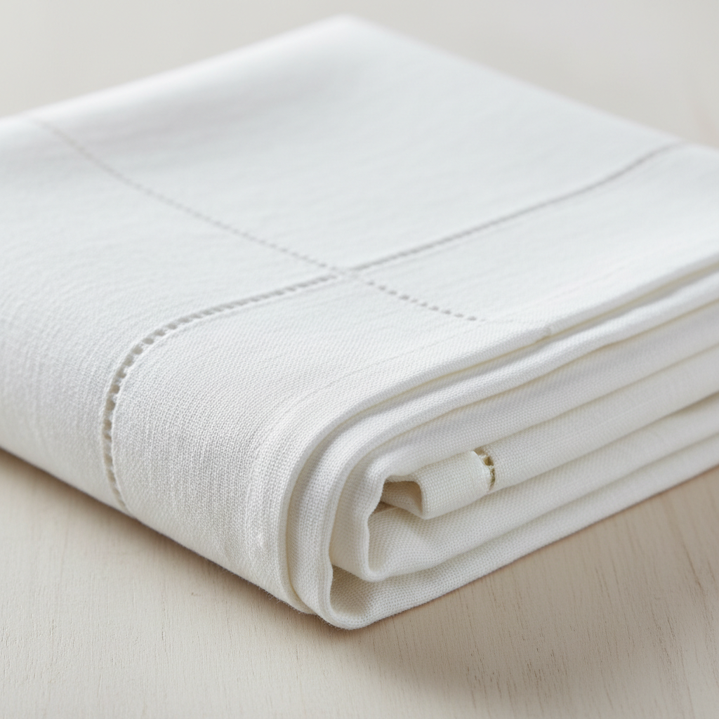 Crisp white tablecloth freshly laundered and folded with precision