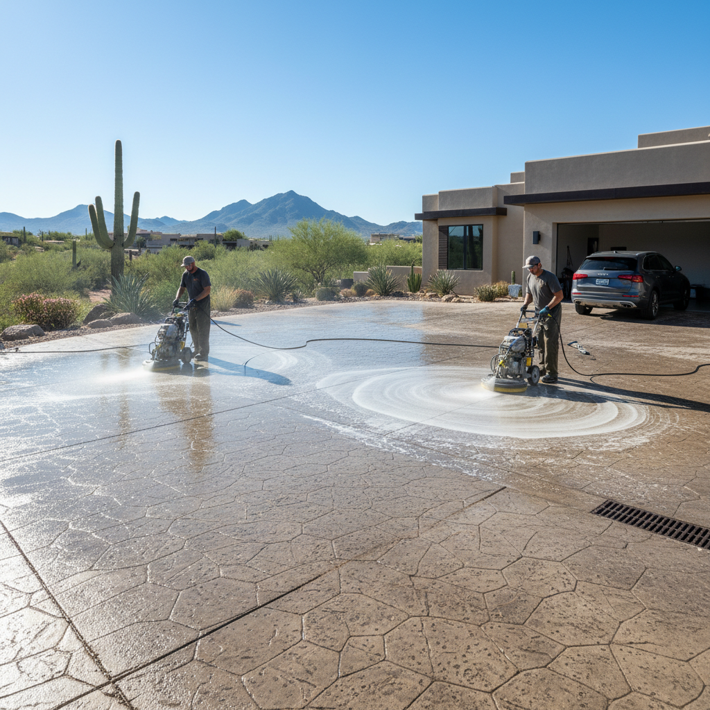 Clean outdoor patio area after pressure washing in Arizona desert home backyard