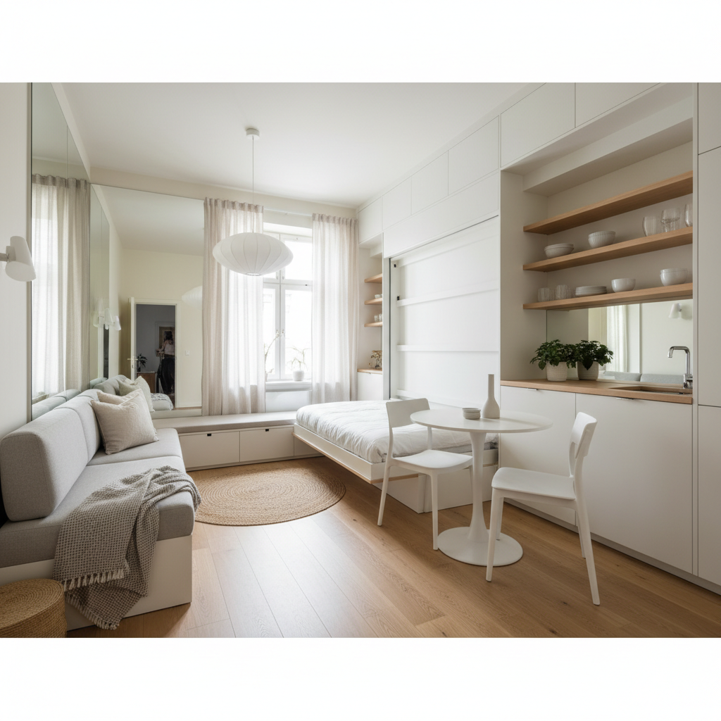 Spacious-feeling apartment with minimalist design and smart storage solutions