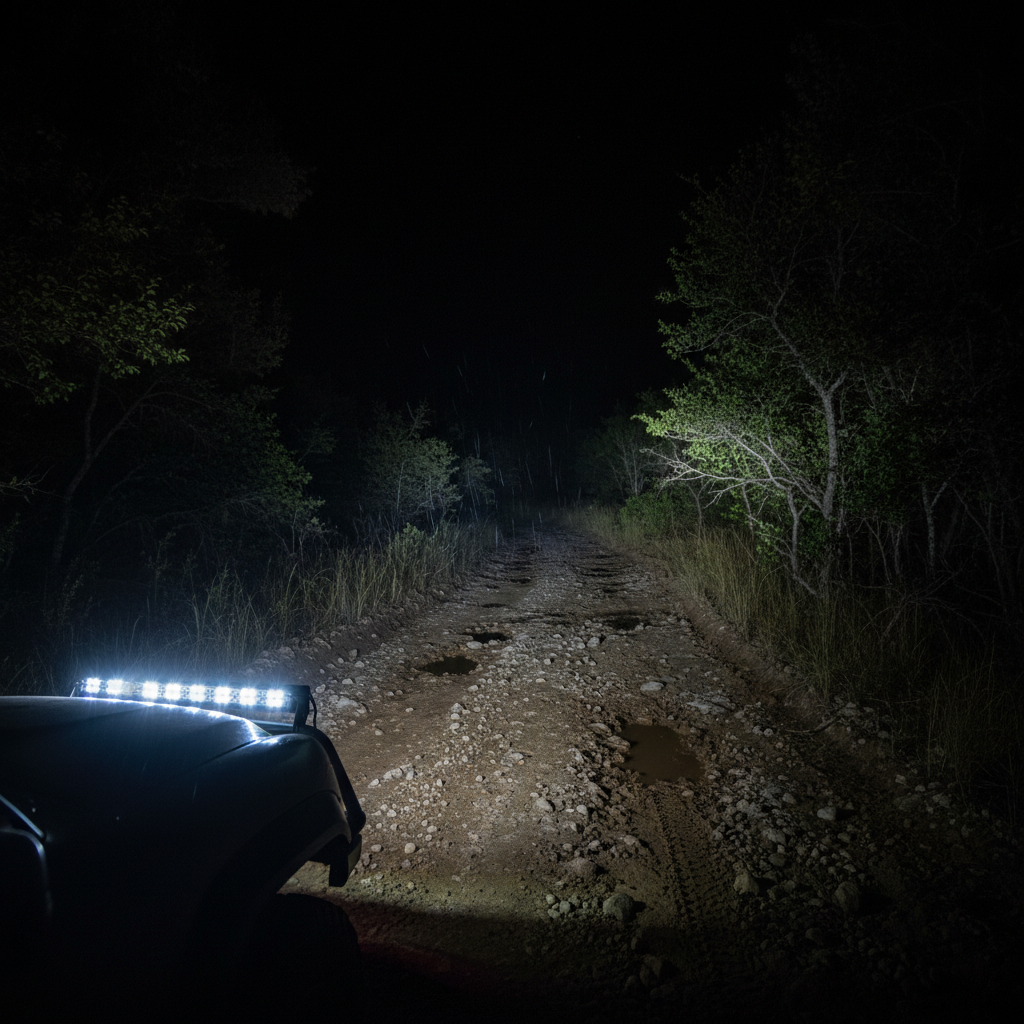 Bright LED light bar illuminating dark off-road trail at night