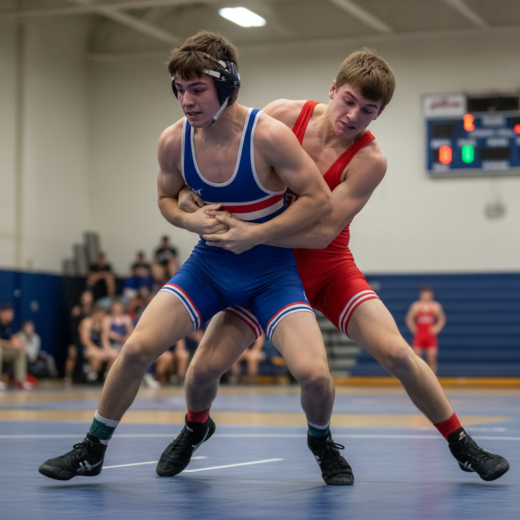 Youth wrestler executing a clean double-leg takedown