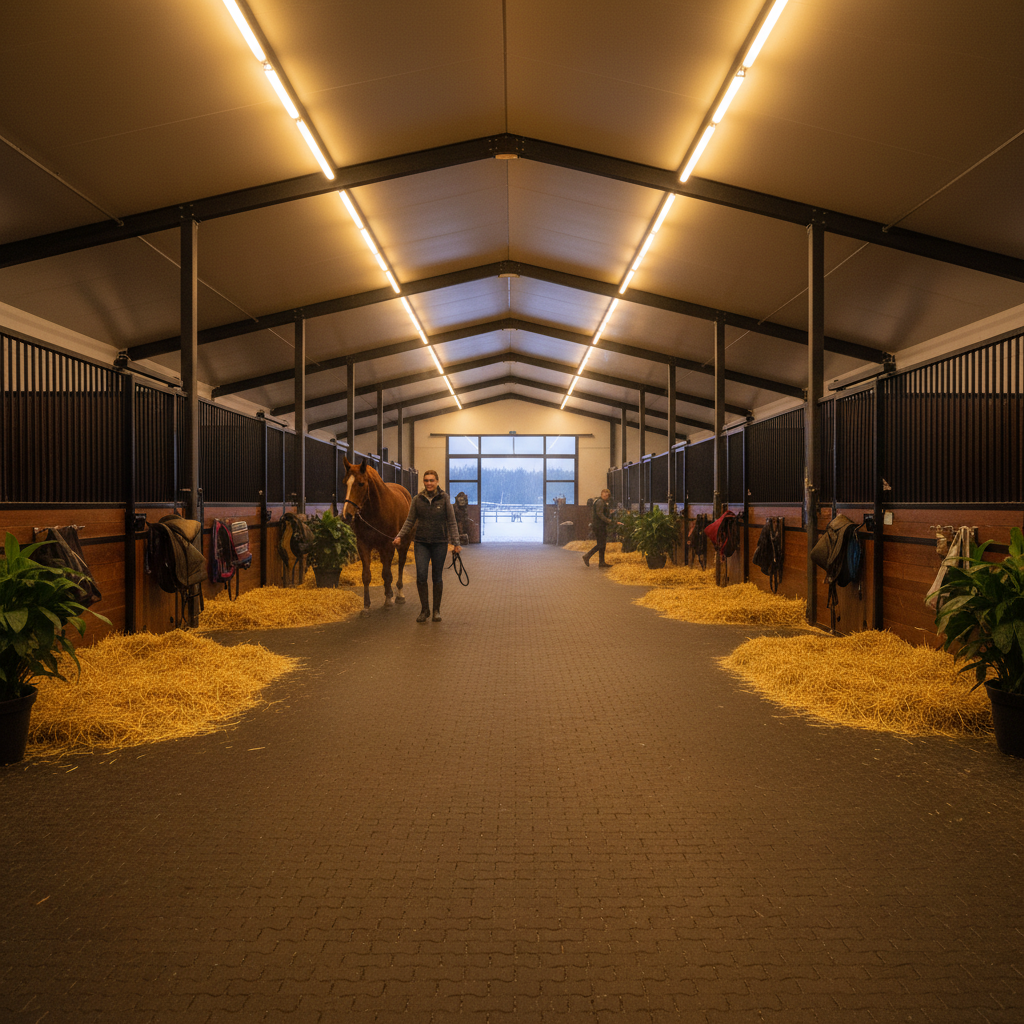 Interior of a modern twenty-stall equestrian facility with heated aisle, rubber matting, and warm overhead lighting
