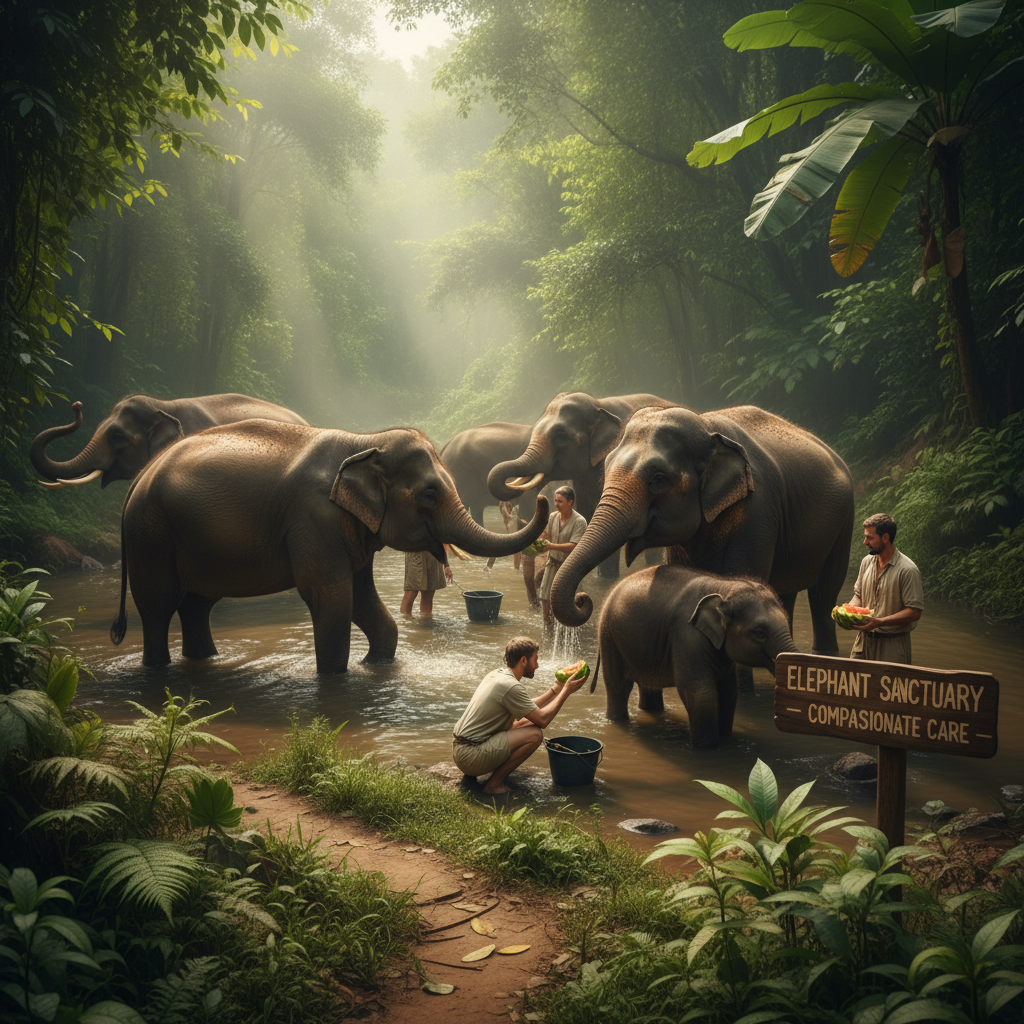 Elephants bathing in a river at an ethical sanctuary in Chiang Mai Thailand