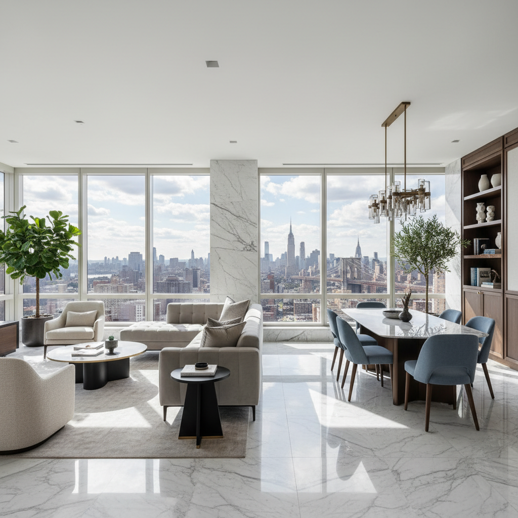 Sophisticated apartment living area with dark marble floors and financial district views
