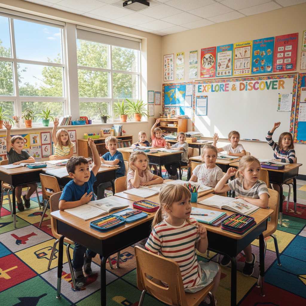 Children in a classroom raising their hands eagerly, bright classroom, engaged and enthusiastic