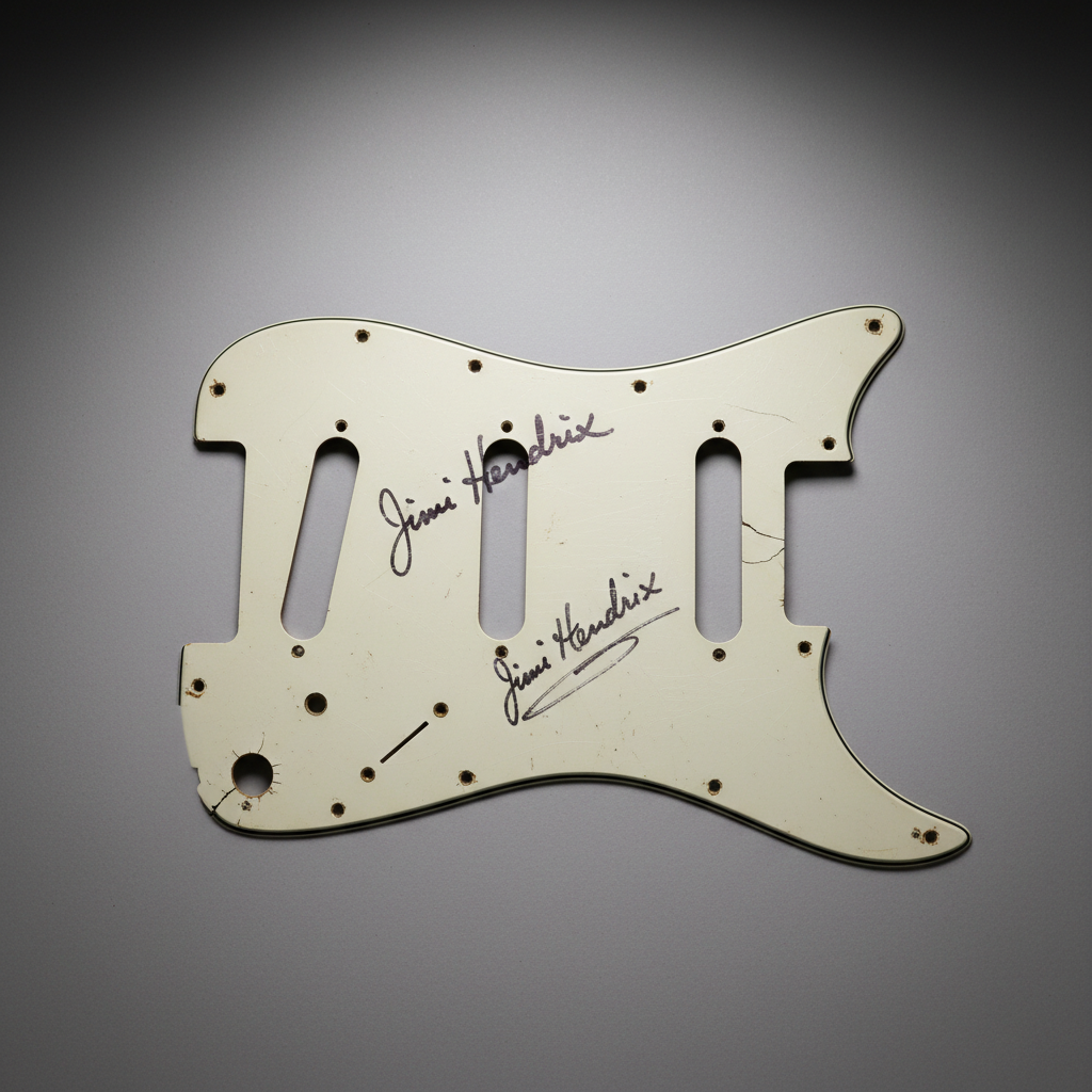 Museum-lit Stratocaster pickguard signed by Jimi Hendrix, shot from above with raking light
