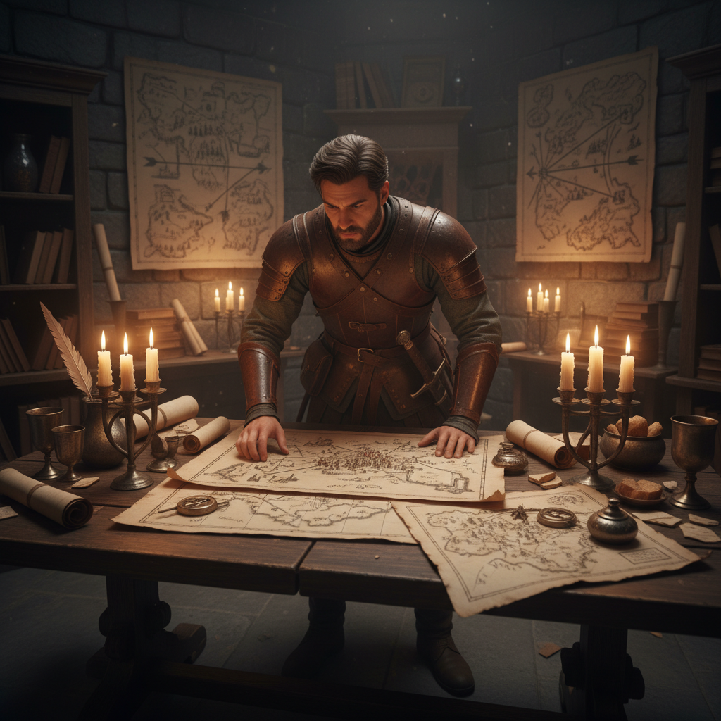 Group of people planning strategy around a glowing table map in a dimly lit war room, collaborative tactical atmosphere