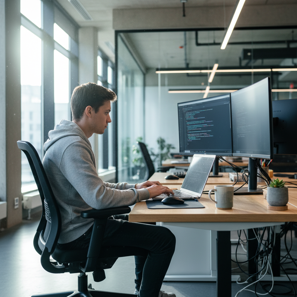 Instructor working at a clean programming workspace with a laptop and notes