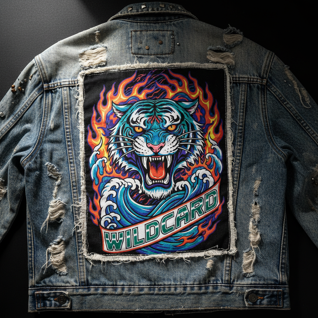 Large screenprinted back patch on weathered denim