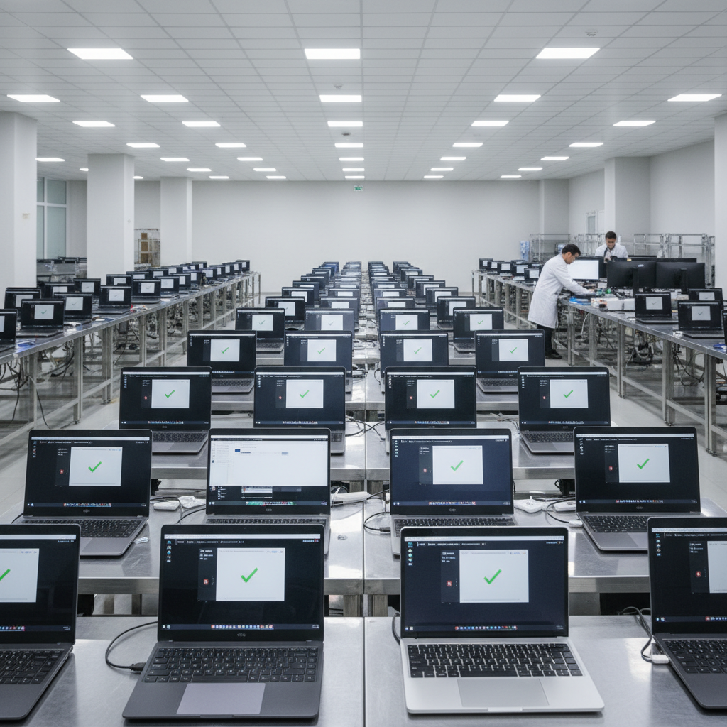 Professional technician in white coat performing quality inspection on refurbished laptop computer in modern testing facility