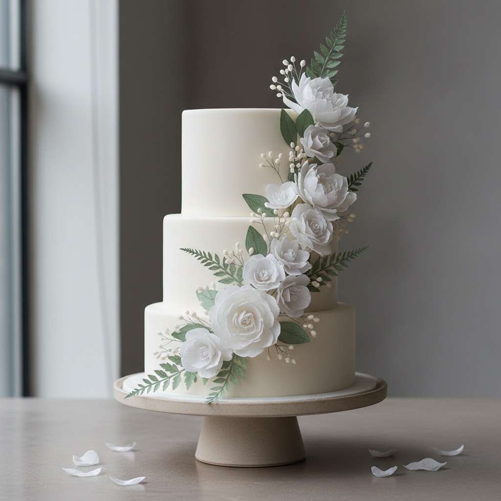 Minimalist all-white wedding cake with subtle textured frosting and a single dried flower stem on a stone surface