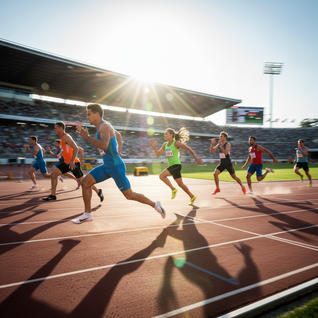 Athletes competing in track and field event at outdoor stadium, afternoon sunlight