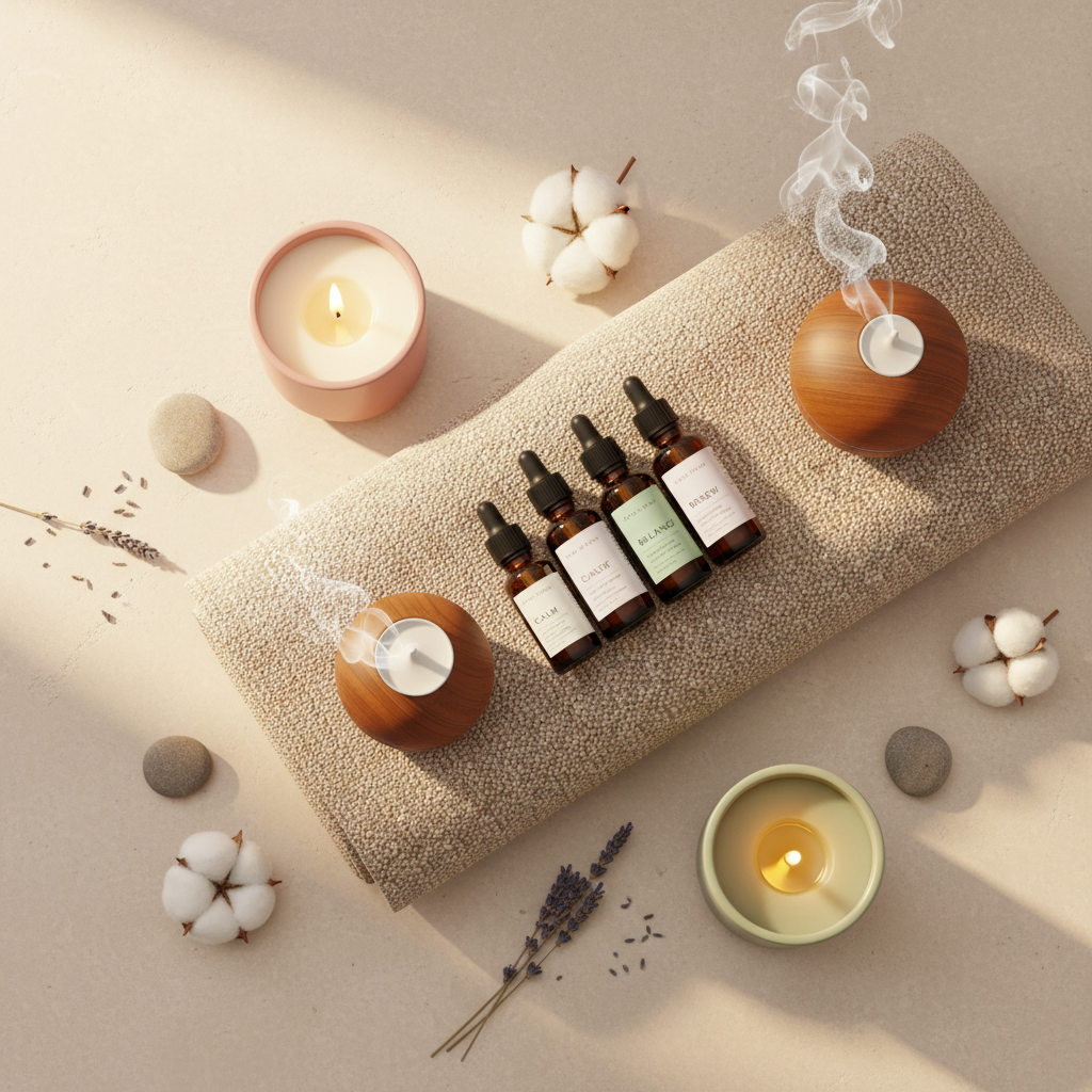 Spa wellness setup with candles and oils on white linen, calm peaceful atmosphere, soft warm light