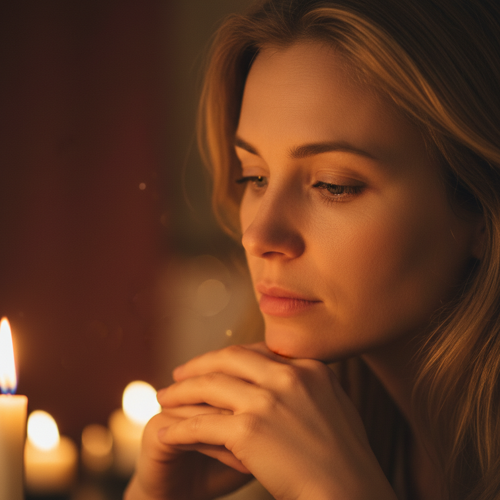 Intimate portrait with warm candlelight illuminating a serene and thoughtful expression