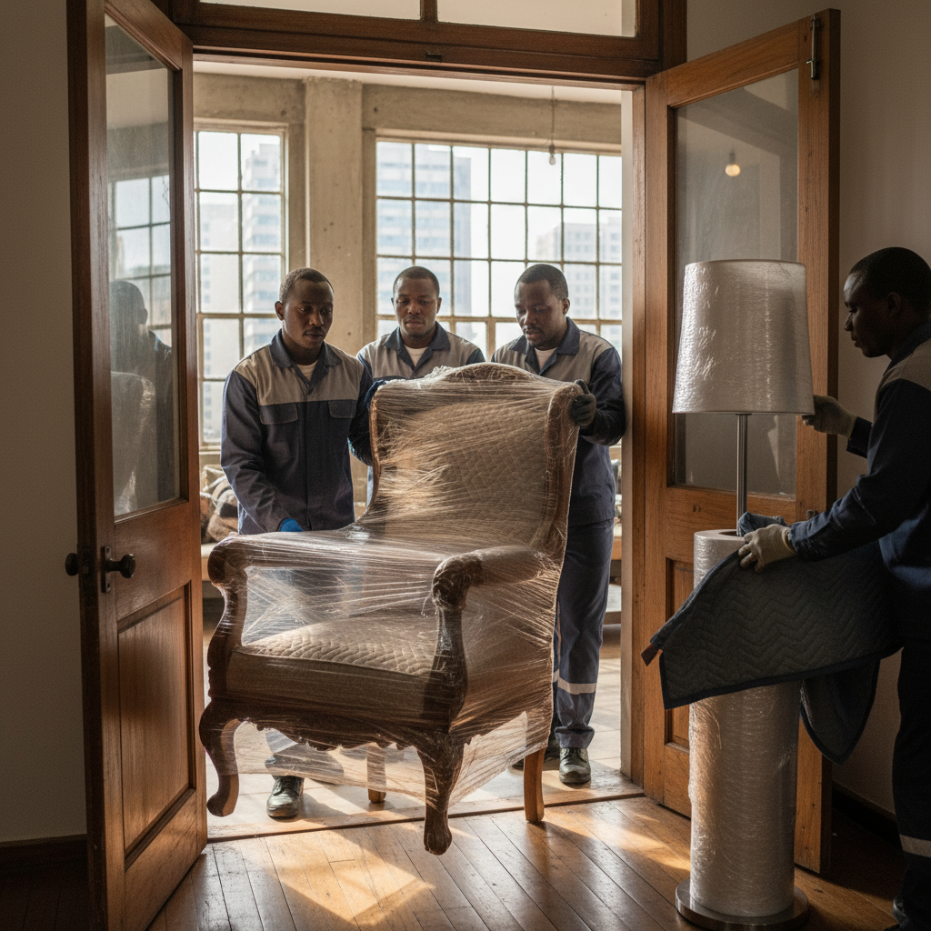 Moving crew carefully wrapping and carrying furniture through an apartment doorway in Nairobi