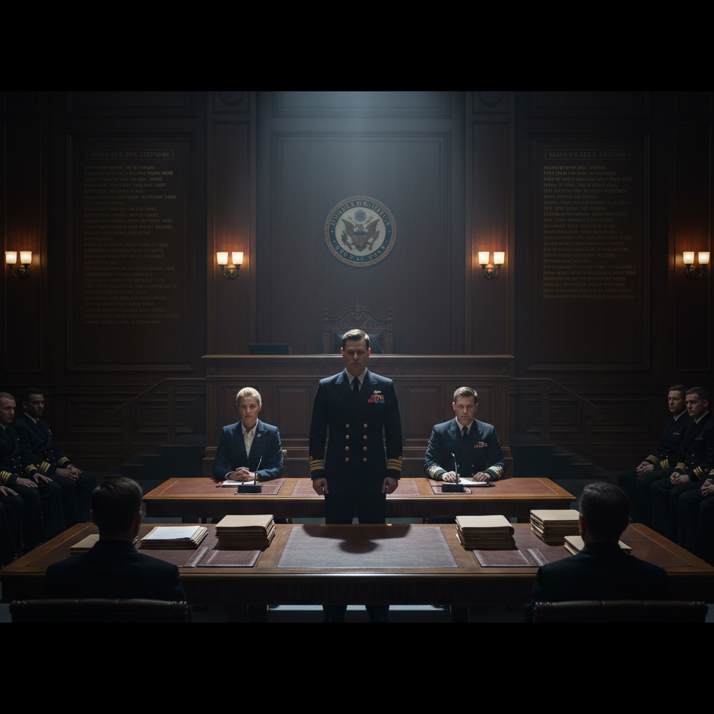 Naval courtroom drama atmosphere — dark formal interior, single spotlight, deep shadows, cinematic legal thriller tension, period setting