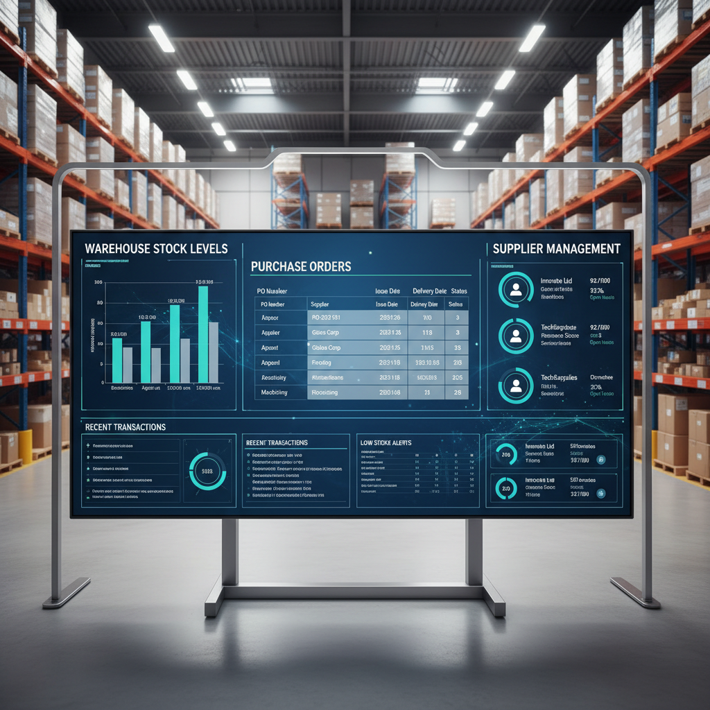 ERP inventory management system showing warehouse stock levels, purchase orders, and supplier management dashboard