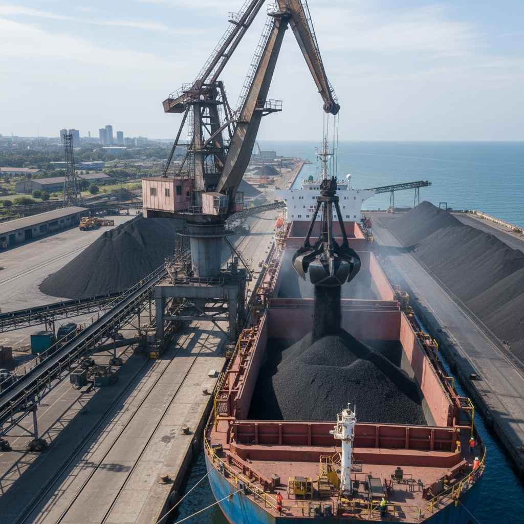 Grab crane unloading bulk coal from a Panamax vessel onto conveyor belts at a deep-water terminal during continuous operations
