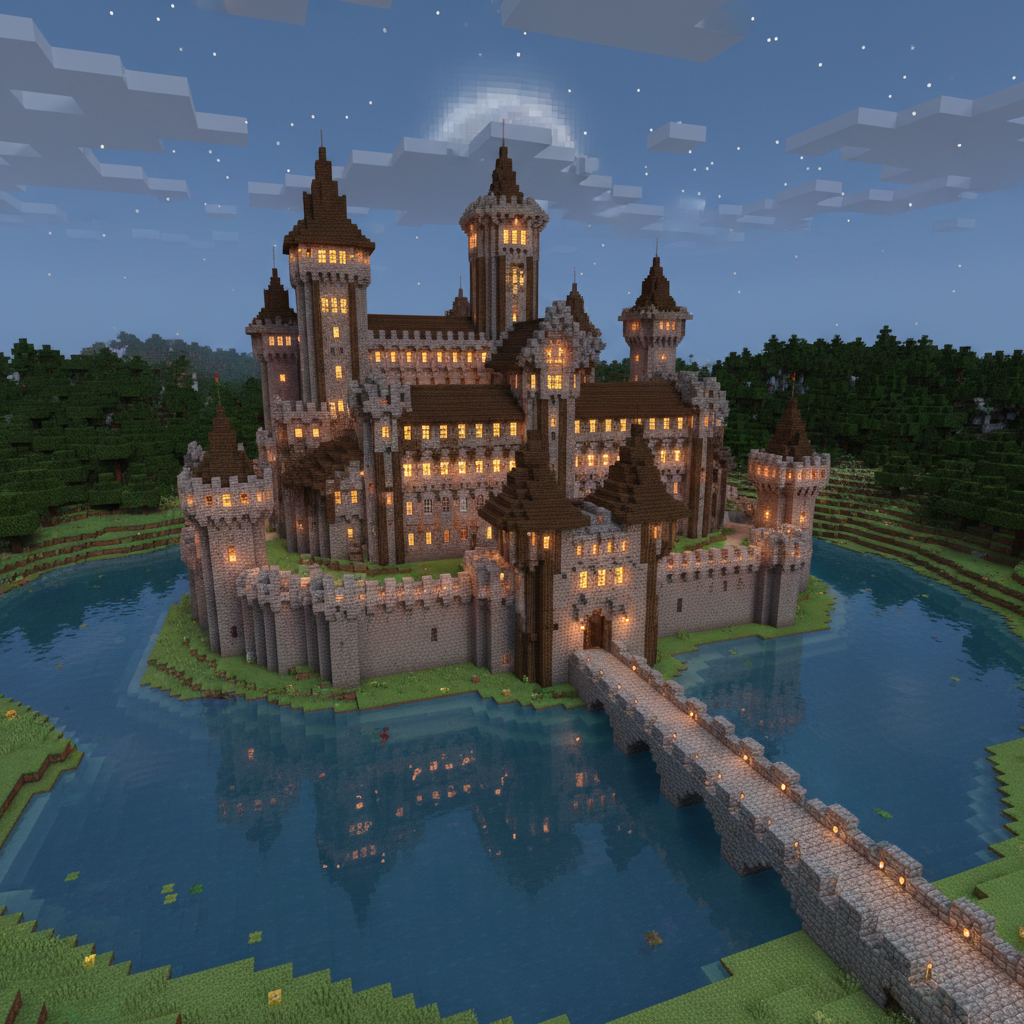 Elaborate underground city built in Minecraft with glowing lanterns and stone architecture