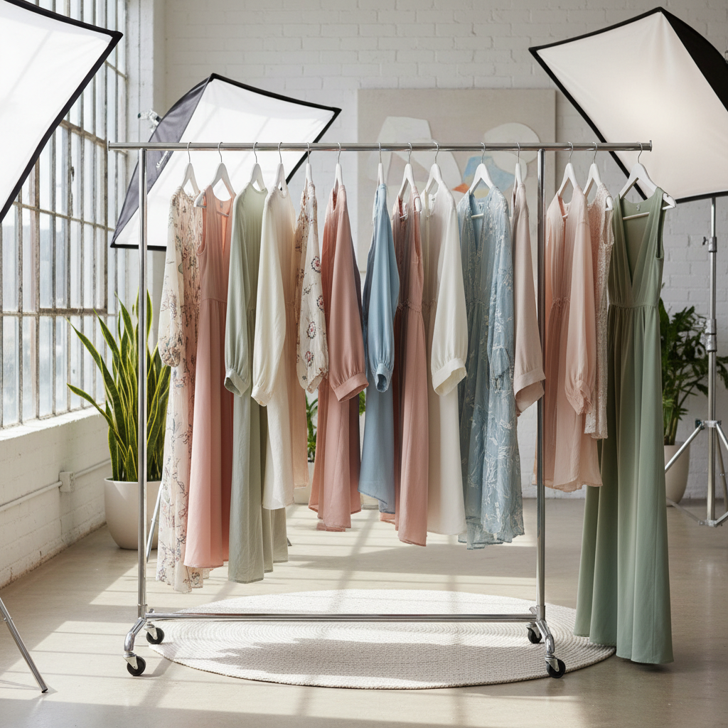 Fashion boutique clothing rail, bright airy studio, soft natural light, warm white atmosphere