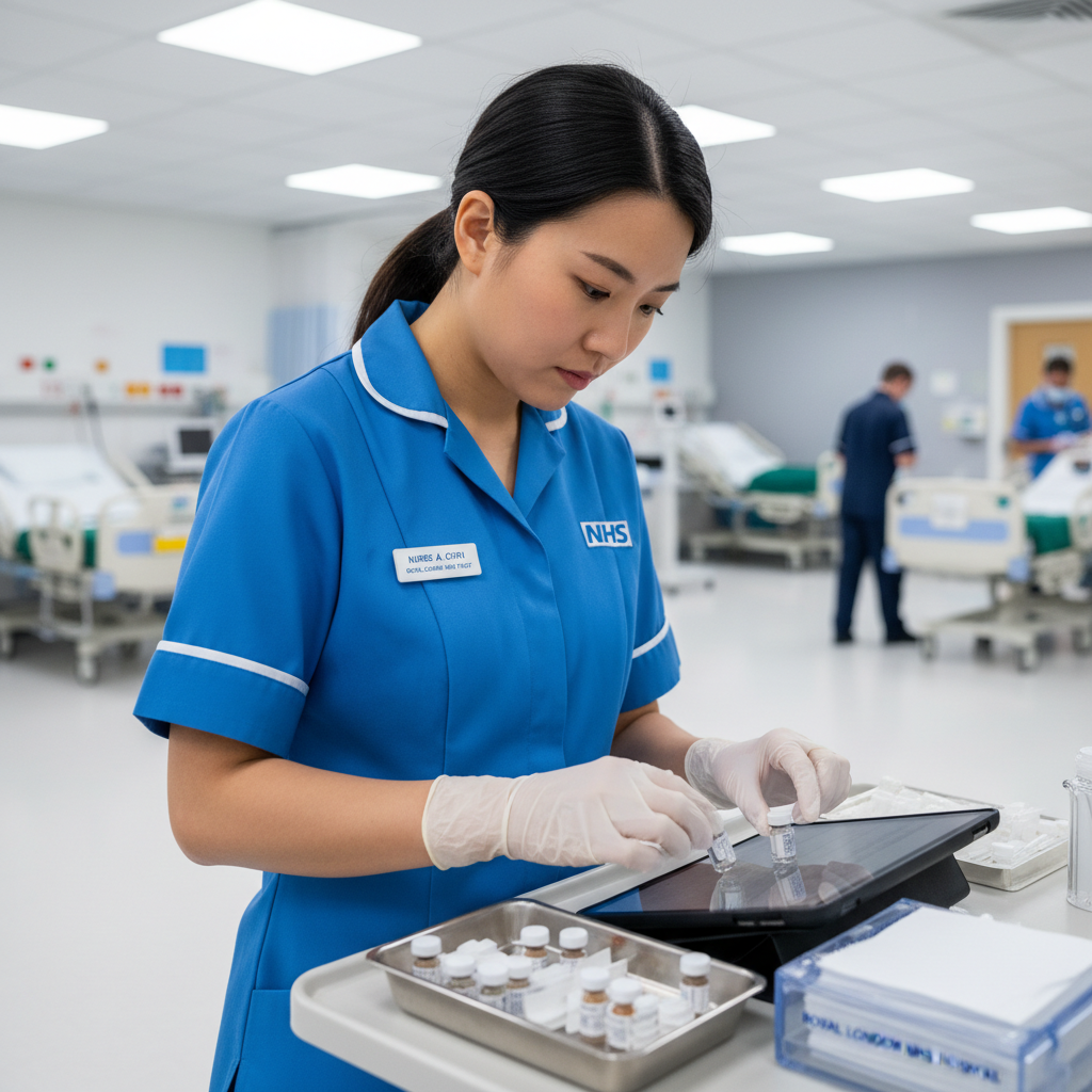 Pharmacist in hospital scrubs