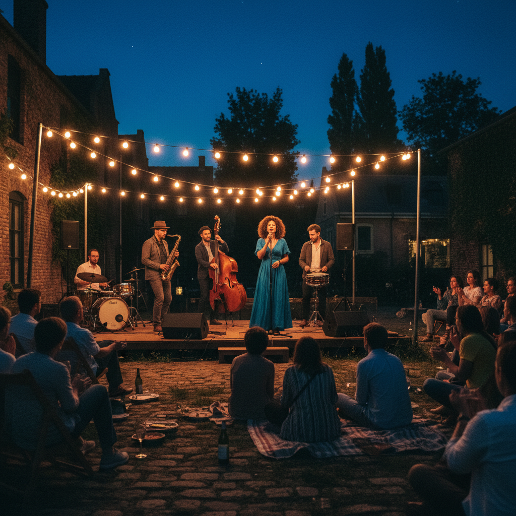 Jazz musician playing saxophone on a dimly lit outdoor stage at night