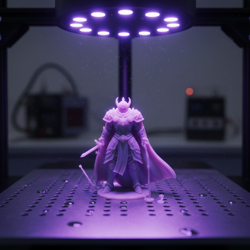 Detailed 3D printed figurine in warm white resin on artisan workshop table