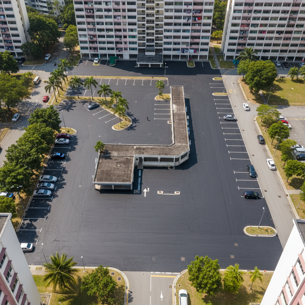Aerial view of completed HDB estate resurfacing showing uniform new asphalt across multiple void deck areas and service roads