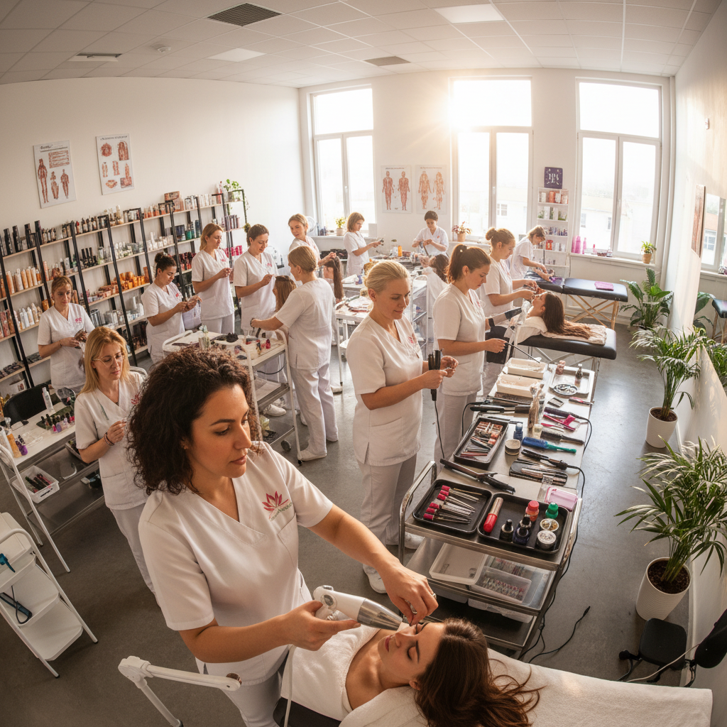 Professional beauty therapist in clean white uniform working in an elegant salon with warm ambient lighting